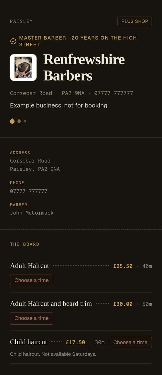A Seatbooker booking page on a phone, showing a barber's services and prices