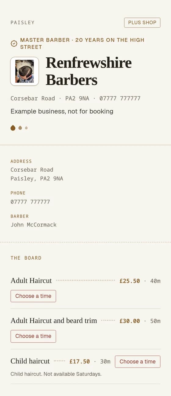 A Seatbooker booking page on a phone, showing a barber's services and prices